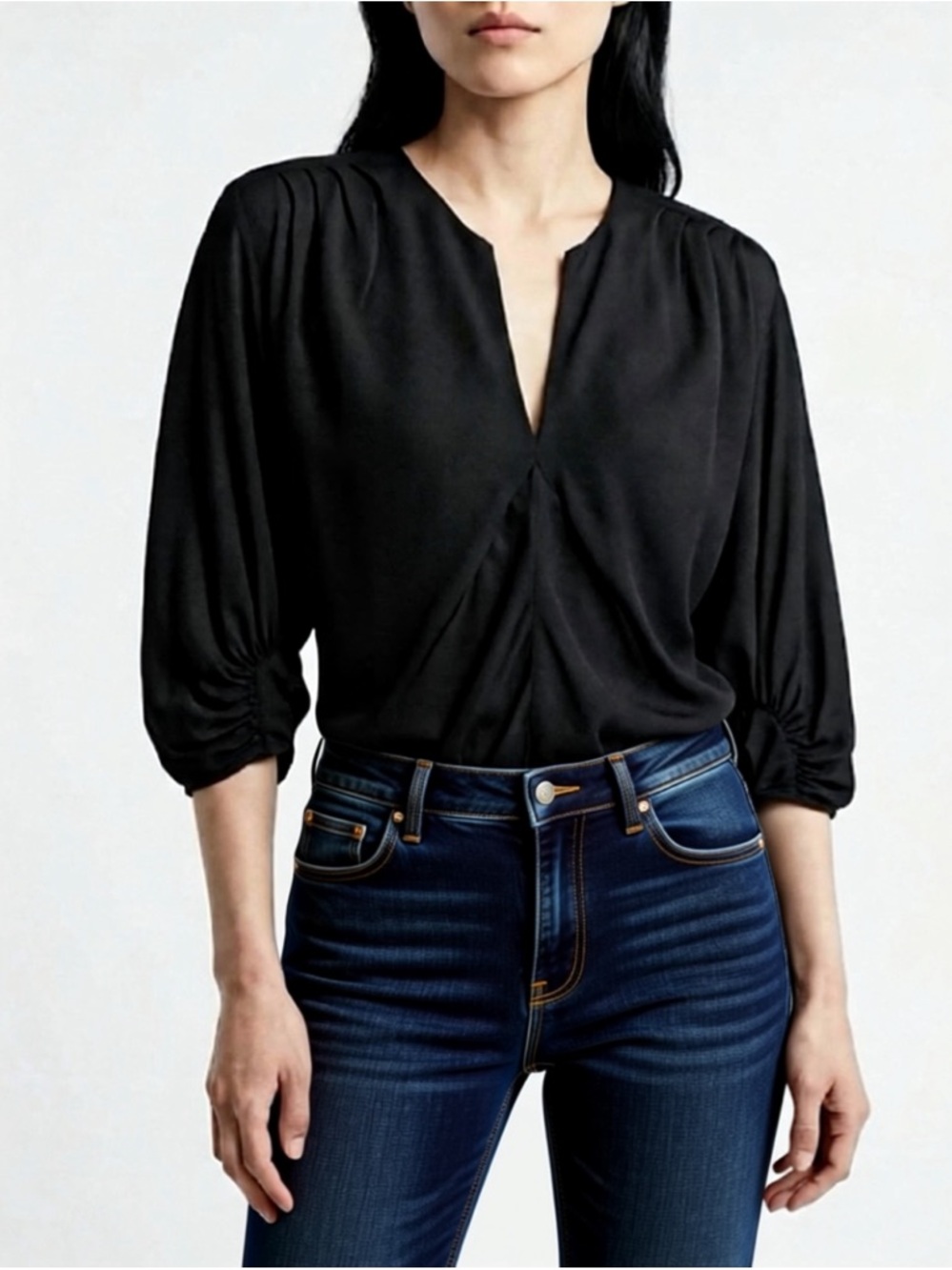 Balenciaga VTG V-Neck 3/4 Sleeve Blouse, gathered/ruched, black, 4,
